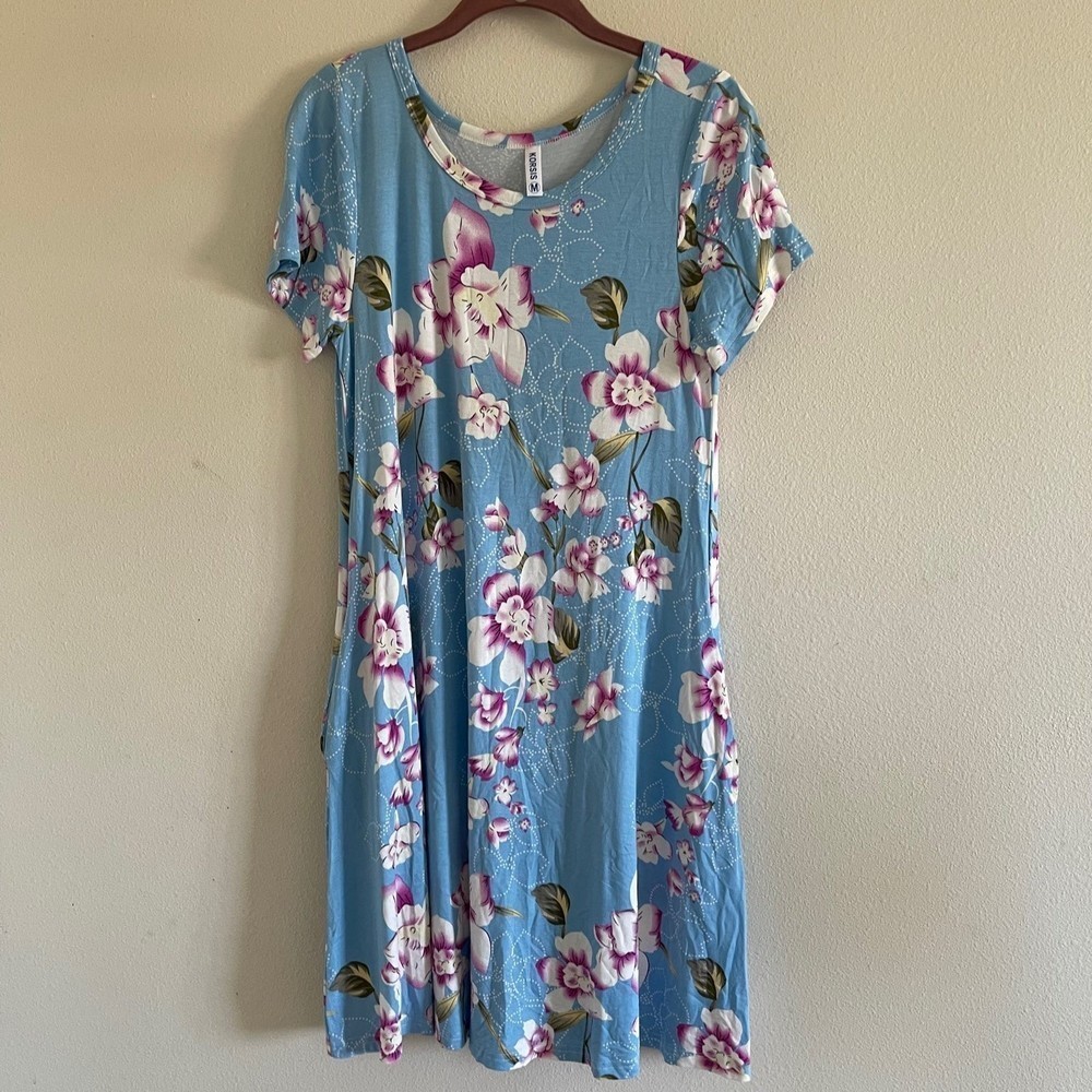 Korsis womens blue floral Dress skater dresss medium